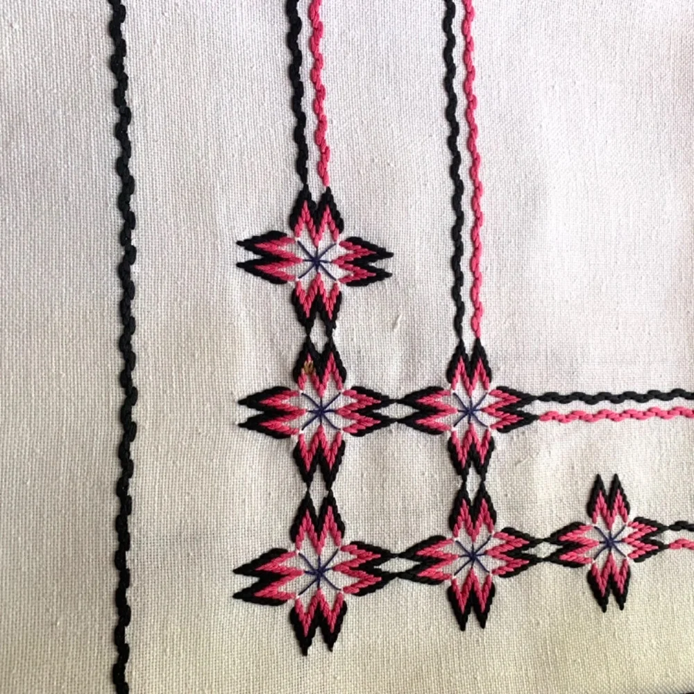 Vintage Hand Embroidered Linen Tablecloth 34x53,5  Pink Black Cross Stitch